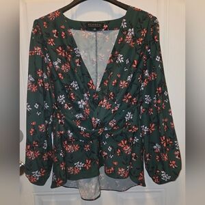 Womens Eloquii  Dark Green Floral Blouse Long Sleeve With Organge Accent, Sz 16